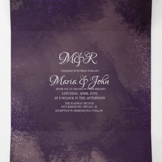 Abstract Violet Zwart Glam Brush Strokes Bruiloft Drieluik Uitnodiging (Binnenkant midden)