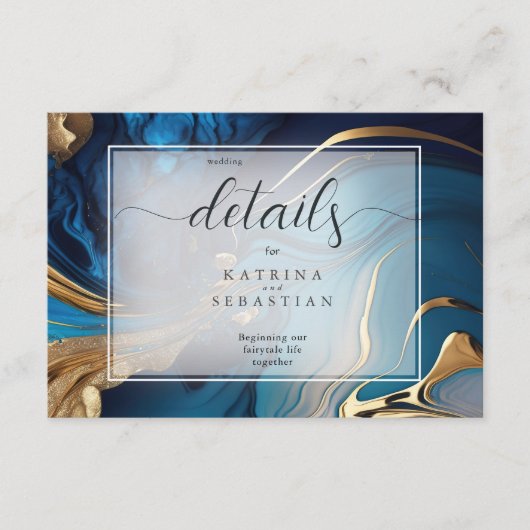 Abstract vloeibaar goud op blauw marmer informatiekaartje (Voorkant)