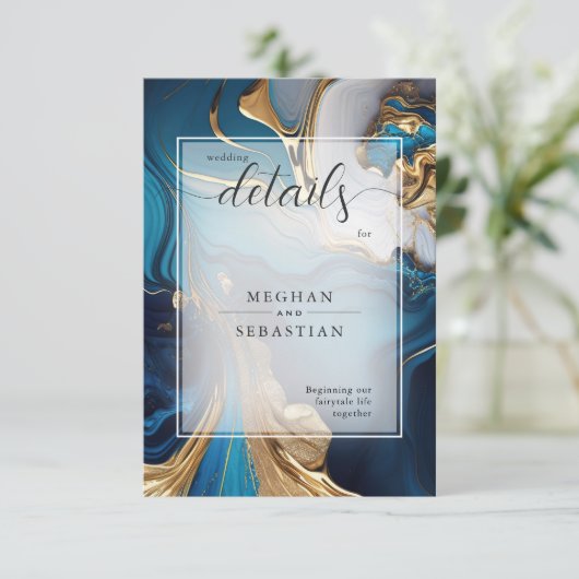 Abstract vloeibaar goud op blauw marmer informatiekaartje (Staand voorkant)