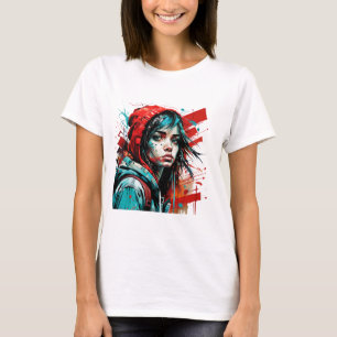 Abstract Vrouw Portret Splash Graffiti Rood Blauw T-shirt