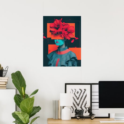 Abstract vrouwenportret met bloemen poster (Thuiskantoor)