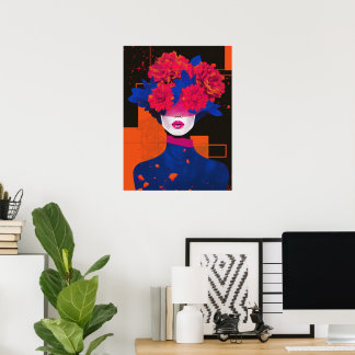 Abstract vrouwenportret met bloemen poster