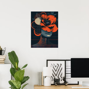 Abstract vrouwenportret met bloemen poster