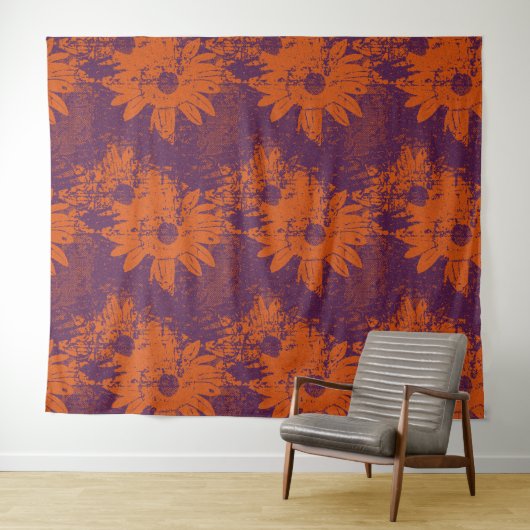 Abstract Warm Boho Halftone Grunge Floral Pattern Wandkleed (In Situ (horizontaal))