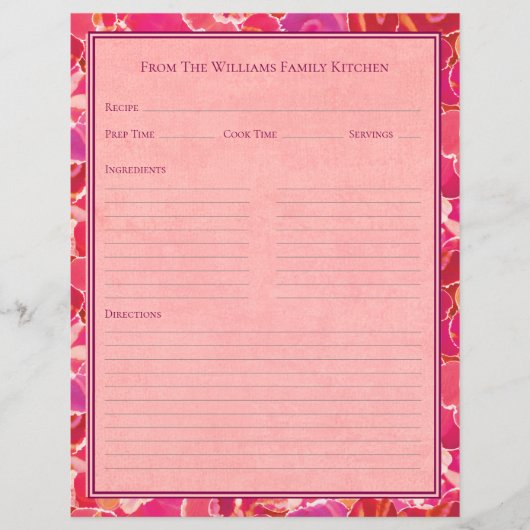 Abstract Watercolor Red Pink Recipe Paper Sheet (Voorkant)