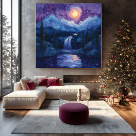 Abstract Waterval bij Maneschijn met Sterrennachtm Canvas Afdruk