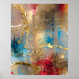 Abstract Waterverf goudrood blauw Poster
