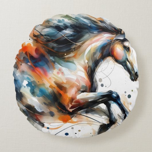 Abstract Waterverf Rennend Paard Rond Kussen (Voorkant)
