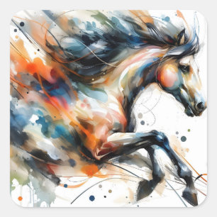 Abstract Waterverf Rennend Paard Vierkante Sticker
