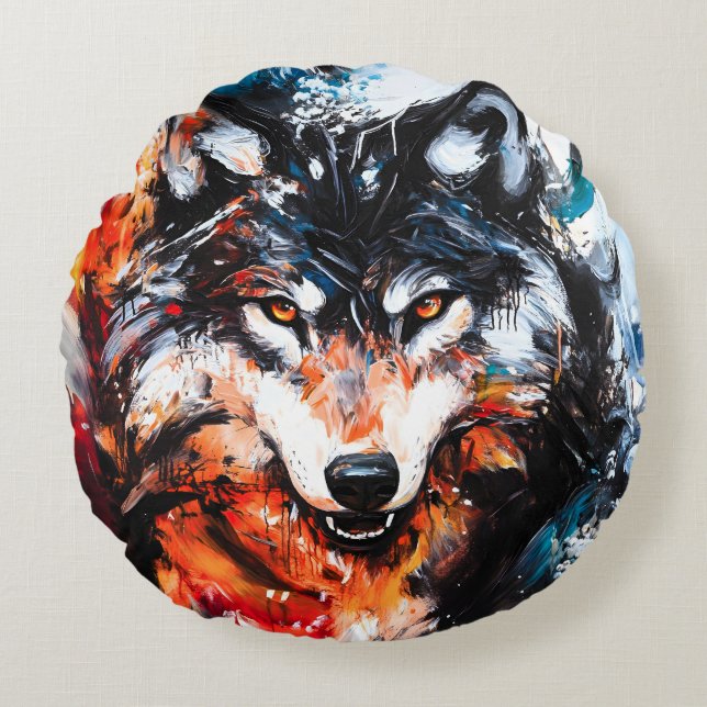 Abstract Wild Spirit Wolf Rond Kussen (Voorkant)
