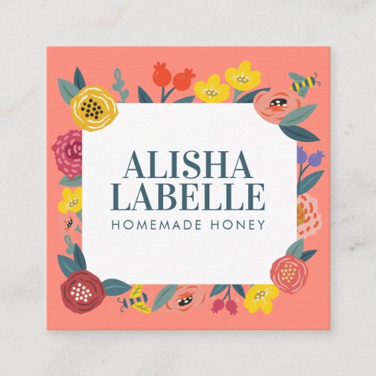  Abstract Wildflower Foliage & Bijen Patroon Vierkante Visitekaartje (Voorkant)