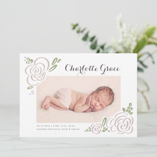 Abstract Wildflower Script Fotogeboorte Aankondiging (Staand voorkant)