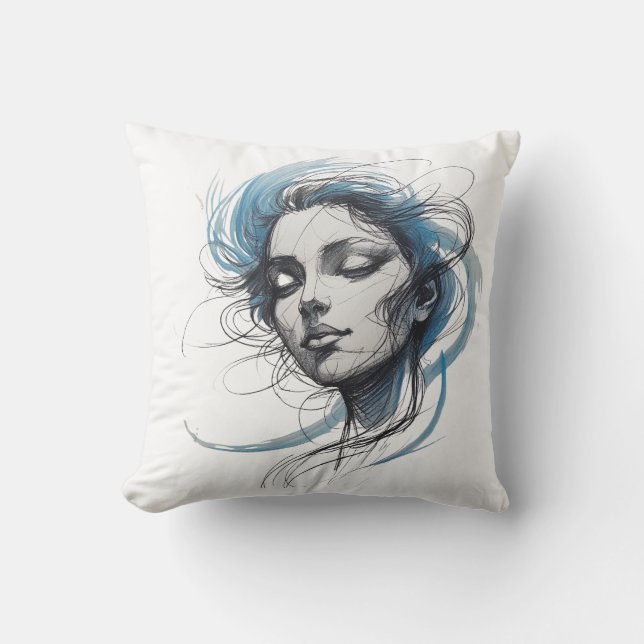 Abstract Wind Flowing Face – Blue Line Art Pillow Kussen (Voorkant)