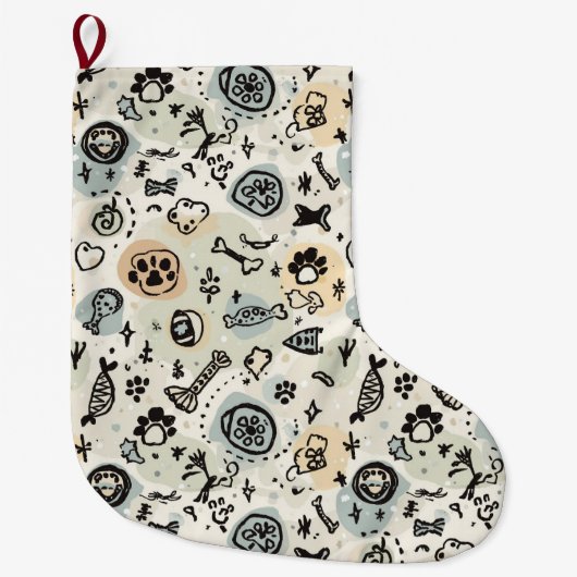 Abstract Winter Doodle Pet Stocking with Paw Print Grote Kerstsok (Voorkant)