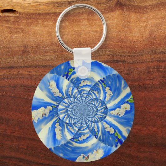 Abstract wit blauw bloemenschilderij sleutelhanger (Voorkant)