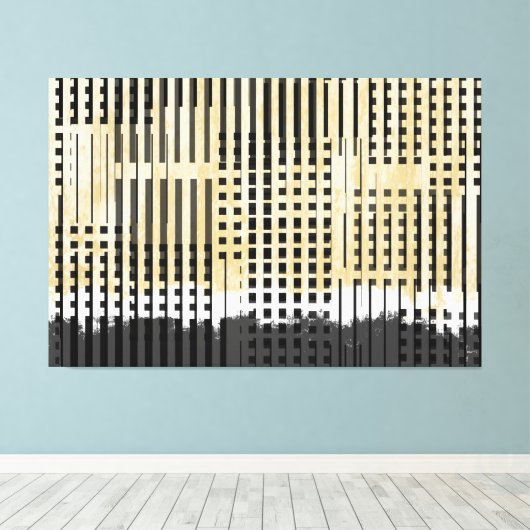 Abstract wit, geel en zwart streeppatroon canvas afdruk (Insitu (Houten vloer))
