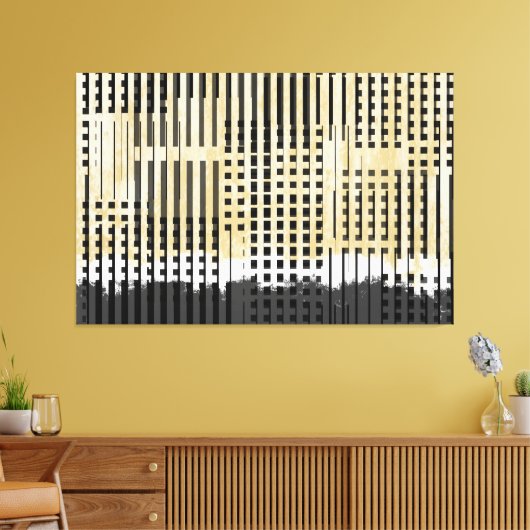 Abstract wit, geel en zwart streeppatroon canvas afdruk (Insitu (Woonkamer))