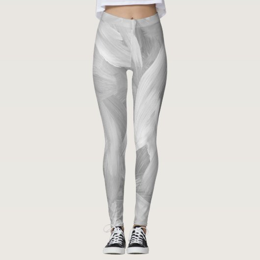 Abstract Wit & Grijs Brushstokes Ontwerp Leggings (Voorkant)