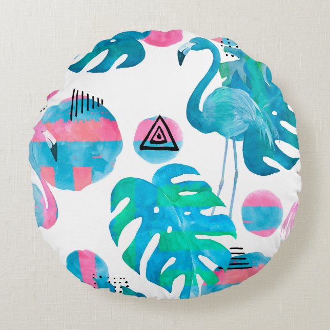 Abstract with watercolor flamingo and random eleme rond kussen (Voorkant)