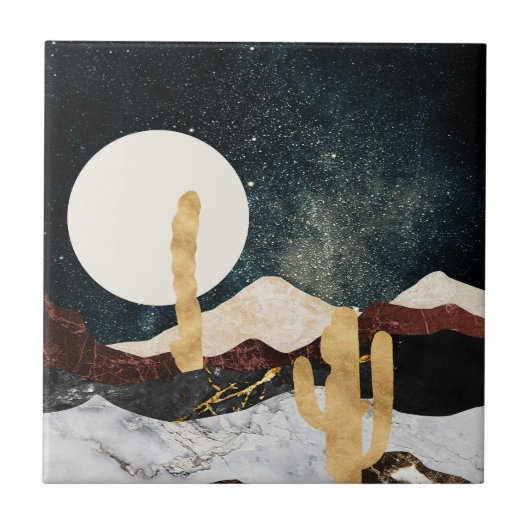 Abstract woestijn nachthemel met gouden cactus tegeltje (Voorkant)