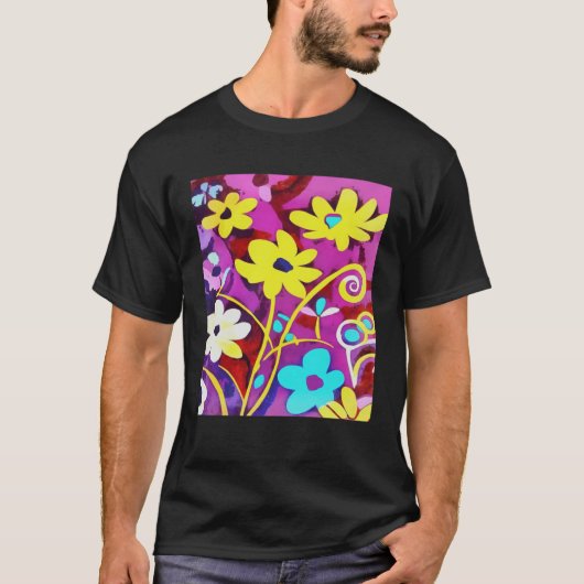Abstract Yellow Flowers On Viva Magenta T-shirt (Voorkant)