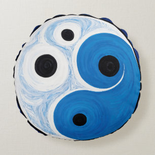Abstract Yin Yang: Modernist Blauw & Wit Rond Kussen