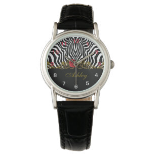 Abstract Zebra - Rood zwart wit goud Horloge