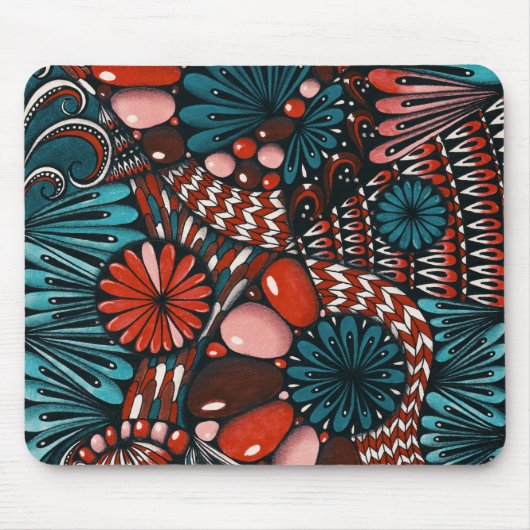 Abstract Zentangle Teal en Koraalrode Muismat (Voorkant)