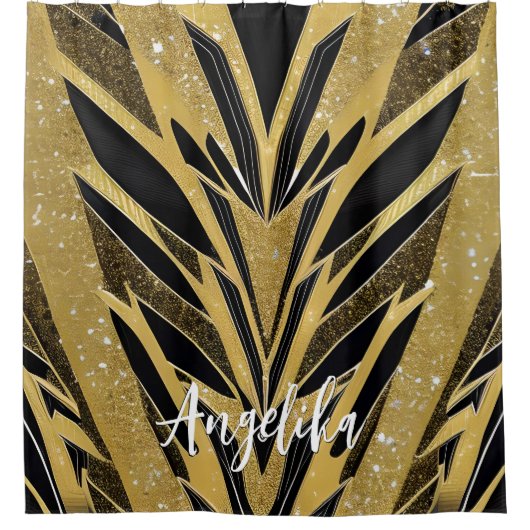 Abstract Zigzag Chevron Black en Gold Custom Douchegordijn (Voorkant)