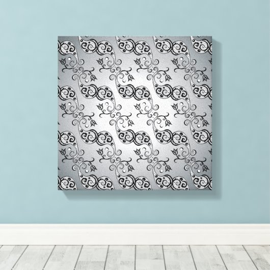 Abstract zilver en zwart Tulip Boteh Pattern Canvas Afdruk (Insitu (Houten vloer))