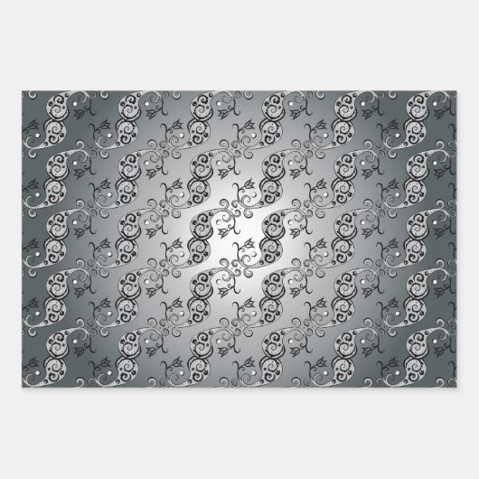 Abstract zilver en zwart Tulip Boteh Pattern Inpakpapier Vel (Voorkant 2)