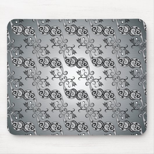 Abstract zilver en zwart Tulip Boteh Pattern Muismat (Voorkant)
