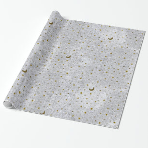 Abstract zilverpapier met gouden sterren, maan cadeaupapier
