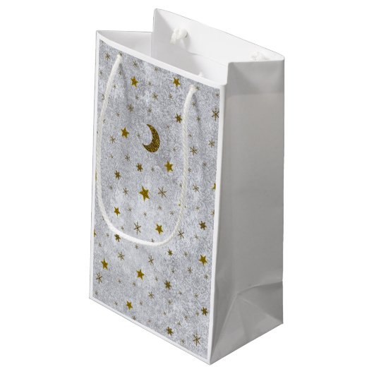 Abstract zilverpapier met gouden sterren, maan klein cadeauzakje (Achterkant Gekanteld)