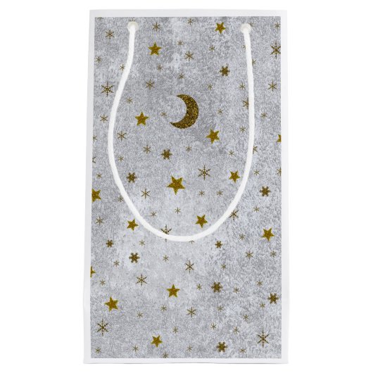 Abstract zilverpapier met gouden sterren, maan klein cadeauzakje (Voorkant)