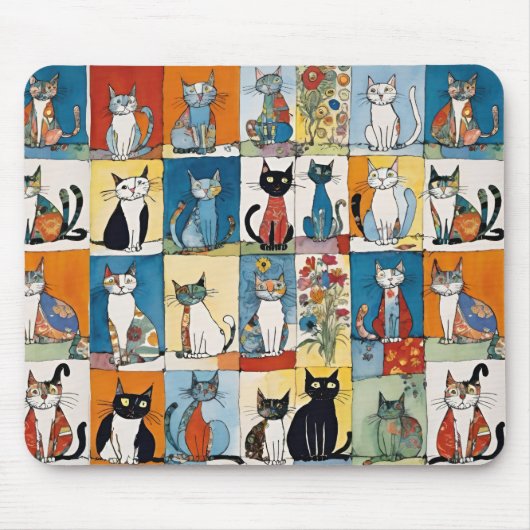 Abstract Zittende Katten Bloemen Patchwork Muismat (Voorkant)