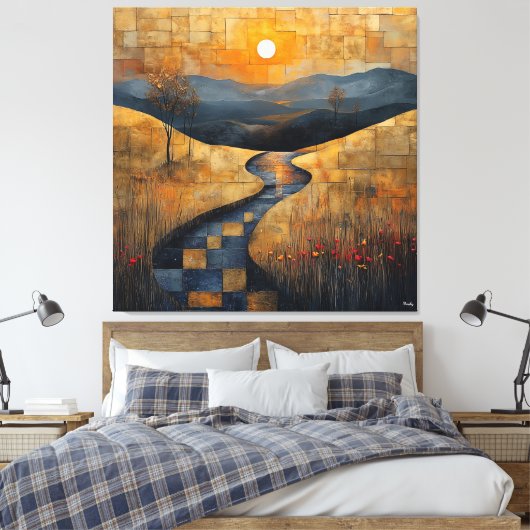 Abstract zonsonderganglandschap met River en Golde Canvas Afdruk (Insitu (Slaapkamer))