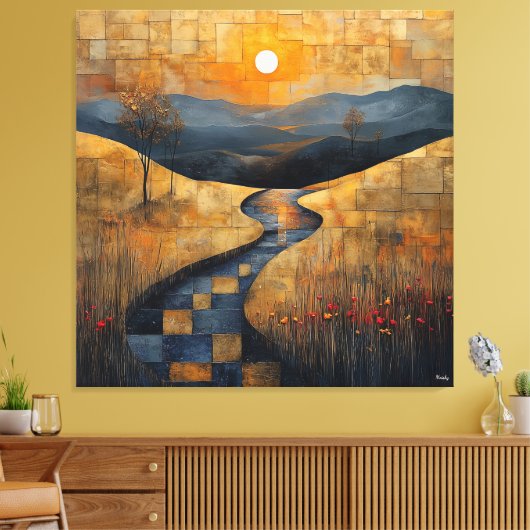 Abstract zonsonderganglandschap met River en Golde Canvas Afdruk (Insitu (Woonkamer))