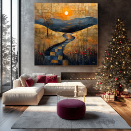 Abstract zonsonderganglandschap met River en Golde Canvas Afdruk