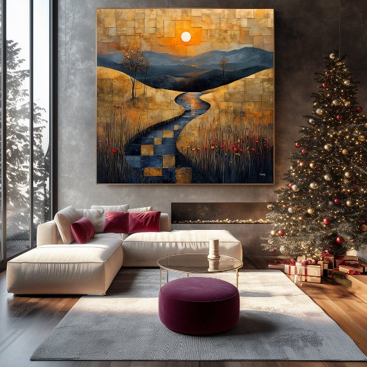 Abstract zonsonderganglandschap met River en Golde Canvas Afdruk