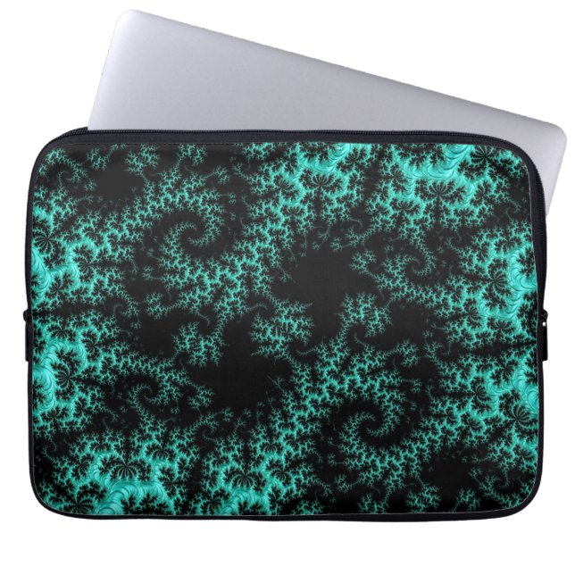 Abstract zwart Blauwgroen symmetrisch fractal Laptop Sleeve (Voorkant)