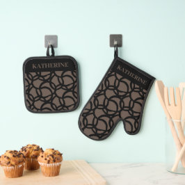 Abstract zwart-bruin patroon met naam ovenwant & pannenlap set