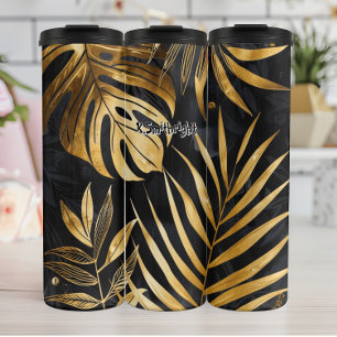 Abstract Zwart en Goud Botanisch Thermosbeker