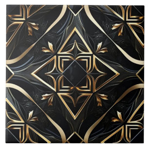 Abstract Zwart en Goud - Moderne Geometrische Kuns Tegeltje