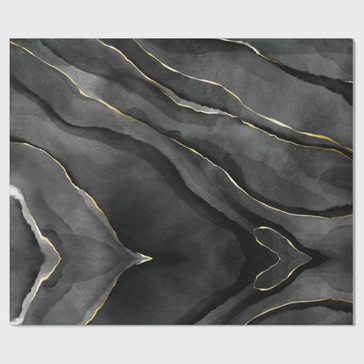 Abstract Zwart en Gouden Agaat Marmeren Swirl Cadeaupapier (Vlak)