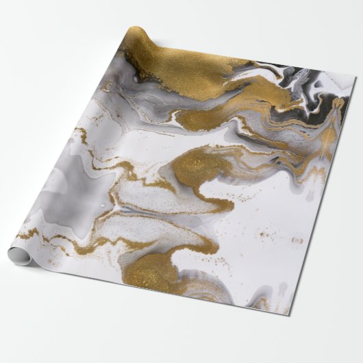 Abstract Zwart en Gouden Agaat Marmeren Swirl Cadeaupapier (Uitgerold)