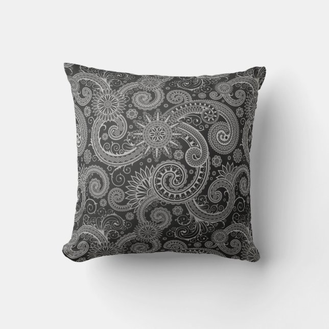 Abstract zwart en grijs bloemmotief kussen (Voorkant)