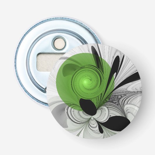 Abstract zwart en wit met groene fractale kunst button flesopener (Voorkant)