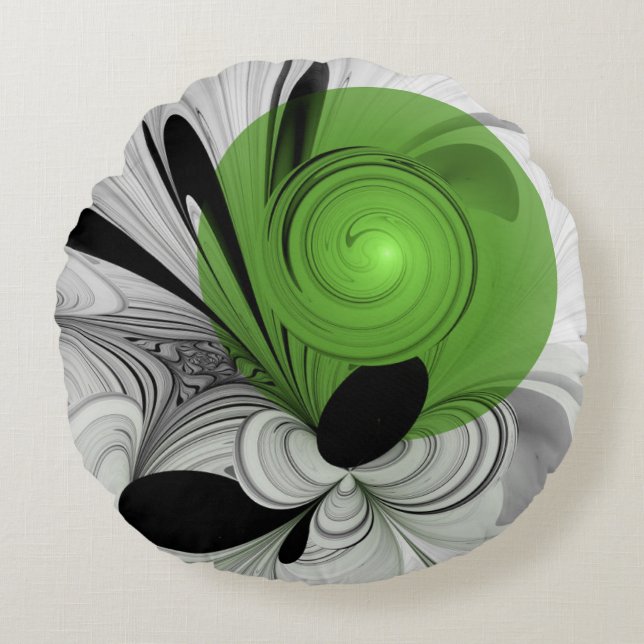 Abstract zwart en wit met groene fractale kunst rond kussen (Voorkant)