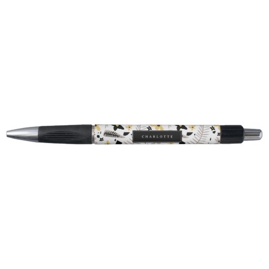 Abstract Zwart Geel Grijs Bloemen Custom Name Pen (Voorkant)